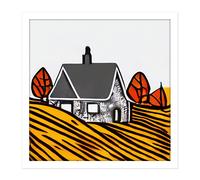 Wall Art Print Autumn Trees Stone House Farm Land Wheat Field Square Framed Picture 16X16 Inch Artery8 White W16 inch x H16 inch