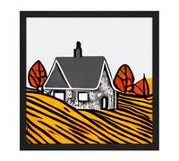 Wall Art Print Autumn Trees Stone House Farm Land Wheat Field Square Framed Picture 16X16 Inch Artery8 Black W16 inch x H16 inch