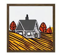 Wall Art Print Autumn Trees Stone House Farm Land Wheat Field Square Framed Picture 16X16 Inch Artery8 Brown W16 inch x H16 inch