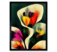 Wall Art Print Autumnal Orange Pink Yellow Purple Abstract Style Floral Painting Art Framed Artery8 Black W12 inch x H16 inch