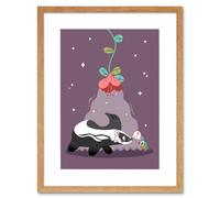 Wall Art Print Badger with Bird Art Framed 9x7 inch Artery8 Beige W7 inch x H9 inch