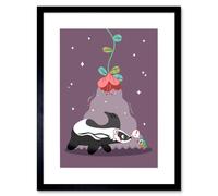 Wall Art Print Badger with Bird Art Framed 9x7 inch Artery8 Black W7 inch x H9 inch