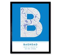 Wall Art Print Baghdad Iraq City Map Modern Typography Stylish Letter Framed Word Wee Blue Coo Blue W12 inch x H16 inch