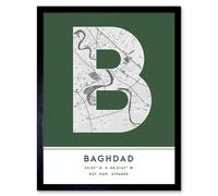 Wall Art Print Baghdad Iraq City Map Modern Typography Stylish Letter Framed Word Wee Blue Coo Green W12 inch x H16 inch