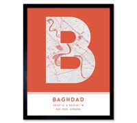 Wall Art Print Baghdad Iraq City Map Modern Typography Stylish Letter Framed Word Wee Blue Coo Orange W12 inch x H16 inch