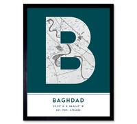 Wall Art Print Baghdad Iraq City Map Modern Typography Stylish Letter Framed Word Wee Blue Coo Teal W12 inch x H16 inch