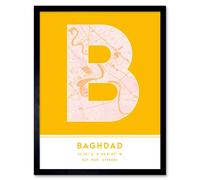 Wall Art Print Baghdad Iraq City Map Modern Typography Stylish Letter Framed Word Wee Blue Coo Yellow W12 inch x H16 inch