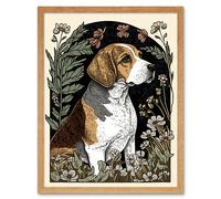 Wall Art Print Beagle Dog with Daisies Modern Stylised Art Framed Artery8 Light Oak W12 inch x H16 inch