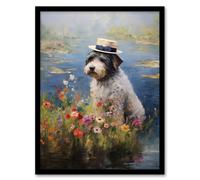 Wall Art Print Bearded Collie Wearing Hat Claude Monet Style Dog Oil Painting Art Framed Artery8 Black W12 inch x H16 inch