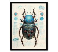 Wall Art Print Beetle Robot Hybrid Secret Military Schematic Blue Futuristic Complex Arcane Manuscript Gift For Him Man Cave Art Framed Artery8 Black W12 inch x H16 inch