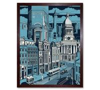 Wall Art Print Belfast Cityscape City Centre Hall Linocut Style Art Framed Artery8 Brown W12 inch x H16 inch