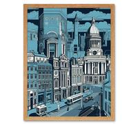 Wall Art Print Belfast Cityscape City Centre Hall Linocut Style Art Framed Artery8 Light Oak W12 inch x H16 inch