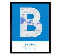 Wall Art Print Bhopal India City Map Modern Typography Stylish Letter Framed Word Wee Blue Coo Blue W12 inch x H16 inch