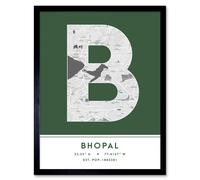 Wall Art Print Bhopal India City Map Modern Typography Stylish Letter Framed Word Wee Blue Coo Green W12 inch x H16 inch