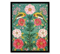 Wall Art Print Birds on Flower Vintage Green Pink Floral Pattern Art Framed Poster Artery8 Black A4