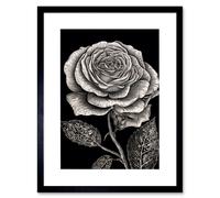 Wall Art Print Black and White Rose Bloom with Patterned Leaves Artwork Framed 9X7 Inch Artery8 Black W7 inch x H9 inch