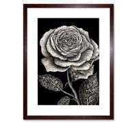Wall Art Print Black and White Rose Bloom with Patterned Leaves Artwork Framed 9X7 Inch Artery8 Brown W7 inch x H9 inch