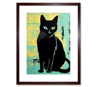 Wall Art Print Black Cat Colour Linocut Teal Blue Yellow Simple Feline Vintage Ad Style Artwork Framed 9X7 Inch Artery8 Brown W7 inch x H9 inch