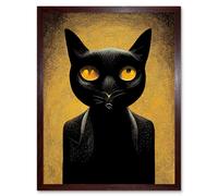 Wall Art Print Black Cat Le Chat Noir Modern Mustard Art Framed Artery8 Brown W12 inch x H16 inch