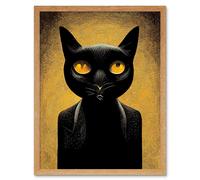 Wall Art Print Black Cat Le Chat Noir Modern Mustard Art Framed Artery8 Light Oak W12 inch x H16 inch