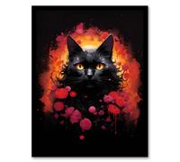 Wall Art Print Black Cat Lover Gift Pet Portrait Red Roses Orange Flames Artwork Painting Art Framed Artery8 Multi A4