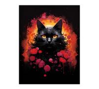 Wall Art Print Black Cat Lover Gift Pet Portrait Red Roses Orange Flames Artwork Painting Poster Artery8 Multi W24 inch x H32 inch