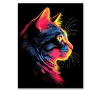 Wall Art Print Black Neon Cat Painting Vibrant Pink Yellow Bold Contrast Pet Portrait Artwork Framed Artery8 Black A4