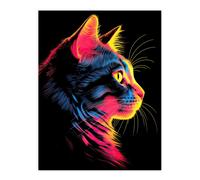 Wall Art Print Black Neon Cat Painting Vibrant Pink Yellow Bold Contrast Pet Portrait Poster Artery8 Black W24 inch x H32 inch