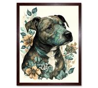 Artery8 Black Staffordshire Bull Terrier and Flowers Detailed Coloured Pencil Portrait Illustration Art Print Framed Poster Wall Decor 12x16 inch