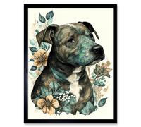 Wall Art Print Black Staffordshire Bull Terrier and Flowers Detailed Coloured Pencil Portrait Art Framed Artery8 Black W12 inch x H16 inch