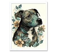 Wall Art Print Black Staffordshire Bull Terrier and Flowers Detailed Coloured Pencil Portrait Art Framed Artery8 White W12 inch x H16 inch