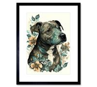 Wall Art Print Black Staffordshire Bull Terrier and Flowers Detailed Coloured Pencil Portrait Artwork Framed 9X7 Inch Artery8 Black W7 inch x H9 inch