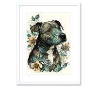 Wall Art Print Black Staffordshire Bull Terrier and Flowers Detailed Coloured Pencil Portrait Artwork Framed 9X7 Inch Artery8 White W7 inch x H9 inch