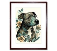 Wall Art Print Black Staffordshire Bull Terrier and Flowers Detailed Coloured Pencil Portrait Artwork Framed 9X7 Inch Artery8 Brown W7 inch x H9 inch