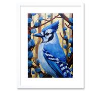 Wall Art Print Blue Jay Geometric Artwork Wild Bird Perched on Tree Polygonal Forest Landscape Artwork Framed 9X7 Inch Artery8 White W7 inch x H9 inch
