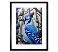 Wall Art Print Blue Jay Geometric Artwork Wild Bird Perched on Tree Polygonal Forest Landscape Artwork Framed 9X7 Inch Artery8 Black W7 inch x H9 inch