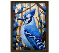 Wall Art Print Blue Jay Geometric Artwork Wild Bird Perched on Tree Polygonal Forest Landscape Artwork Framed A4 Artery8 Brown A4