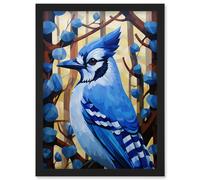 Wall Art Print Blue Jay Geometric Artwork Wild Bird Perched on Tree Polygonal Forest Landscape Artwork Framed A4 Artery8 Black A4