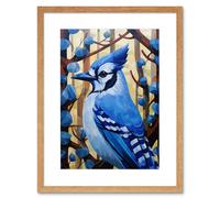 Wall Art Print Blue Jay Geometric Artwork Wild Bird Perched on Tree Polygonal Forest Landscape Artwork Framed 9X7 Inch Artery8 Beige W7 inch x H9 inch