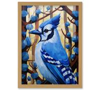 Wall Art Print Blue Jay Geometric Artwork Wild Bird Perched on Tree Polygonal Forest Landscape Artwork Framed A4 Artery8 Light Oak A4