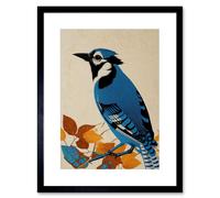 Wall Art Print Blue Jay Textured Autumn Bird Artwork Framed 9X7 Inch Artery8 Black W7 inch x H9 inch