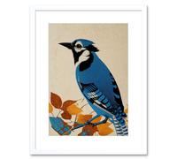 Wall Art Print Blue Jay Textured Autumn Bird Artwork Framed 9X7 Inch Artery8 White W7 inch x H9 inch