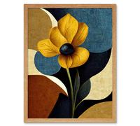 Wall Art Print Blue Mustard Ochre Copper Autumnal Abstract Stem Flowers Painting Art Framed Artery8 Light Oak W12 inch x H16 inch