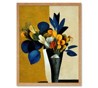 Wall Art Print Blue Mustard Ochre Orange Autumnal Abstract Bouquet Flowers Painting Art Framed Artery8 Light Oak W12 inch x H16 inch
