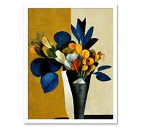 Wall Art Print Blue Mustard Ochre Orange Autumnal Abstract Bouquet Flowers Painting Art Framed Artery8 White W12 inch x H16 inch