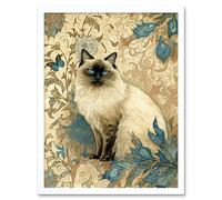 Artery8 Blue Point Ragdoll Cat with Teal Plants Art Nouveau Watercolour Illustration Art Print Framed Poster Wall Decor 12x16 inch