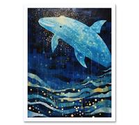 Wall Art Print Blue Whale Breach in Winter Waters Moonlit Seascape Waves Art Framed Artery8 White W12 inch x H16 inch