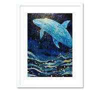 Wall Art Print Blue Whale Breach in Winter Waters Moonlit Seascape Waves Artwork Framed 9X7 Inch Artery8 White W7 inch x H9 inch