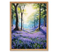 Wall Art Print Bluebell Forest Sunshine Vibrant Artwork Purple Blue Flowers Early Morning Serene Landscape Art Framed Artery8 Light Oak W12 inch x H16 inch