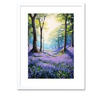 Wall Art Print Bluebell Forest Sunshine Vibrant Artwork Purple Blue Flowers Early Morning Serene Landscape Artwork Framed 9X7 Inch Artery8 White W7 inch x H9 inch